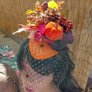 Retro Mini Hat with Fall Flowers and Pumpkin with Veil, on headband